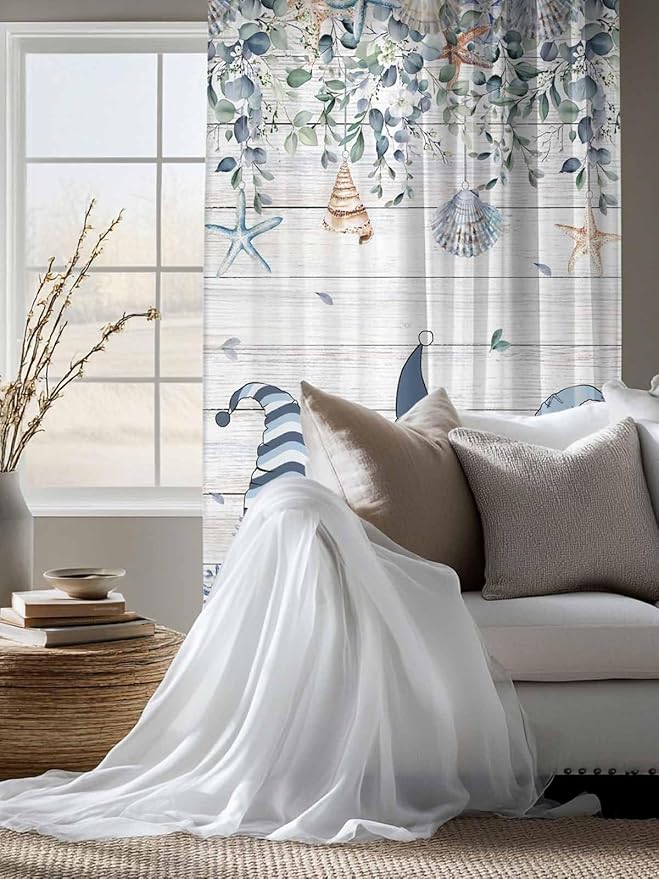 Sheer Curtains 63 Inch Length, Coastal Eucalyptus Leaf Semi Sheer Curtains Light Filtering Window Treatment, Ocean Blue Gnomes Starfish Wood Grain Privacy Voile Drapes for Living Room 52x63 Inch