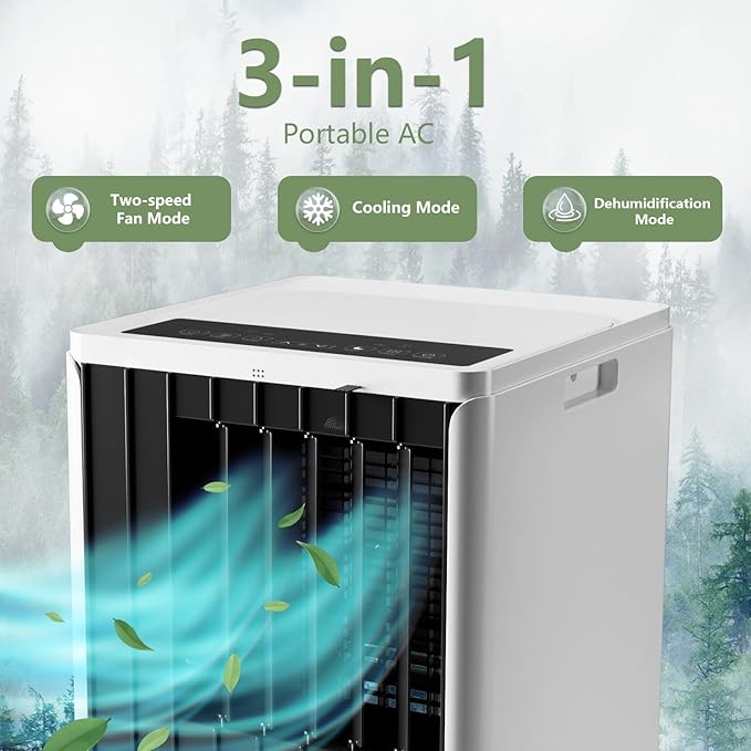 8000 BTU Portable Air Conditioner, Portable AC Unit with Fan & Dehumidifier, Air Conditioner Portable for Rooms Up to 350 Sq Ft, Remote Control, 24H Timer for Bedroom, Office, Apartment, Black & White