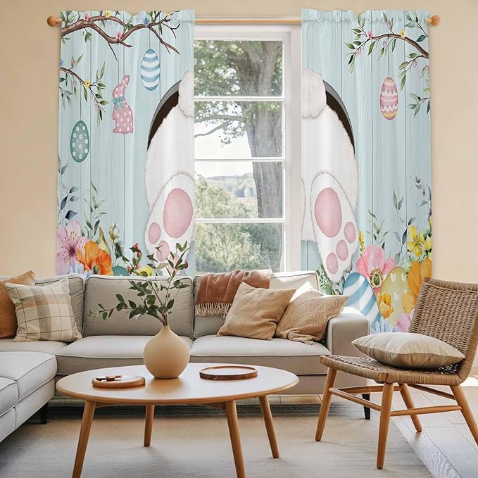 Easter Bunny Window Curtains 72 Inch Long 2 Panel Set,Rod Pocket Long Curtains & Drapes,Easter Eggs Spring Farmhouse Wood Grain Teal Blue Light Filtering Window Treatment for Bedroom 52"W x 72"L