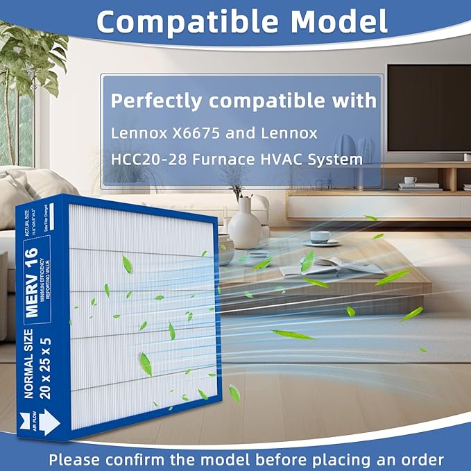 20x25x5 Merv 16 Air Filter Compatible with Lennox X6675 and Lennox HCC20-28 Furnace HVAC System, Part Number HCF20-16, (actual size:19.8" x 24.8" x 4.3")