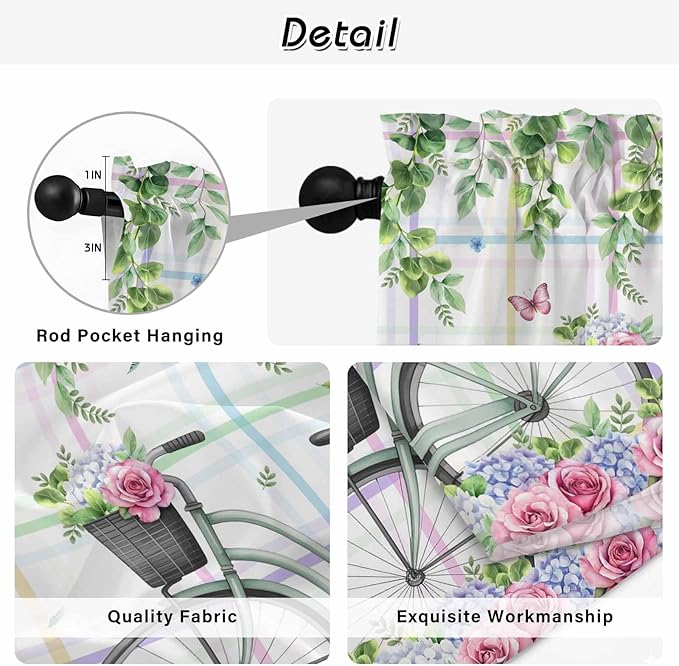Spring Kitchen Curtains, Bicycles Botanical Leaves Rose Colorful Stripes Light Filtering Window Curtain Panels, 2Pcs Rod Pocket Window Treatments Set for Living Room Bathroom Bedroom 52x72 Inches