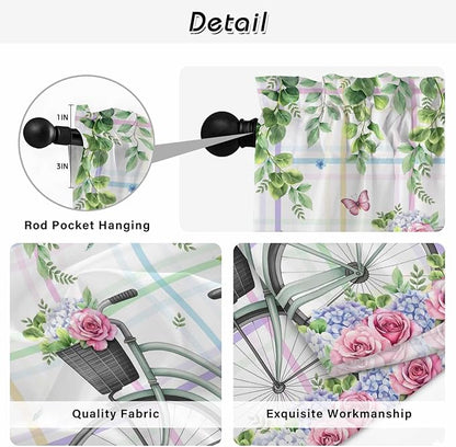 Spring Kitchen Curtains, Bicycles Botanical Leaves Rose Colorful Stripes Light Filtering Window Curtain Panels, 2Pcs Rod Pocket Window Treatments Set for Living Room Bathroom Bedroom 52x72 Inches