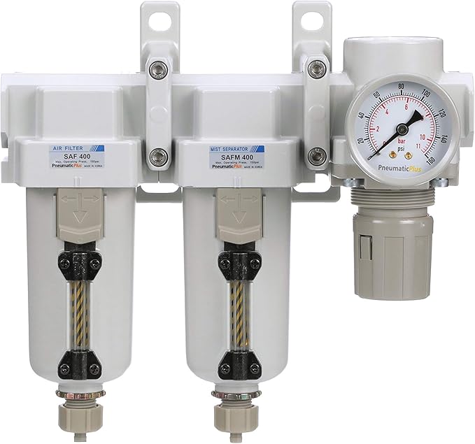 PneumaticPlus SAU430-N06G-MEP Three Stage Air Drying System Particulate Air Filter, Coalescing Filter, Air Pressure Regulator Combo 3/4" NPT - Metal Bowl, Manual Drain, Bracket, Gauge