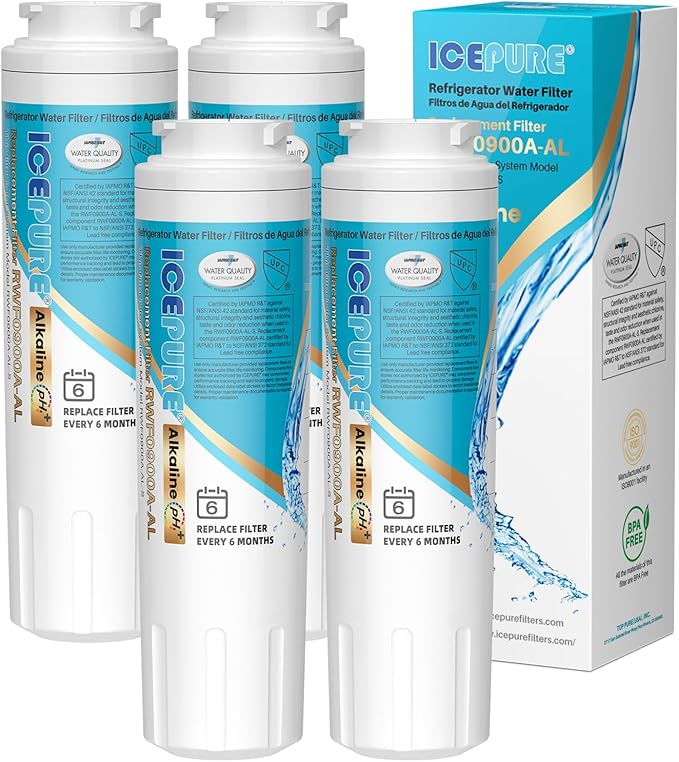 ICEPURE Alkaline UKF8001 Refrigerator Water Filter Replacement for Whirlpool EDR4RXD1, EveryDrop Filter 4, Maytag UKF8001, 4396395, UKF8001P, UKF8001AXX, RFC0900A, UKF8001AXX-200, Enhances PH, 4 Pack