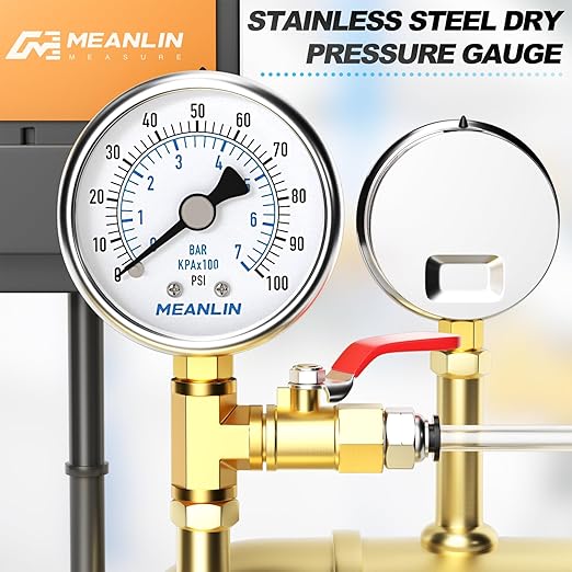 MEANLIN MEASURE 0~100Psi Dry Pressure Gauge Stainless Steel 1/8" NPT 2" FACE DIAL Waterproof for Well Pump Water Tire Water Pressure Tester Lower Mount with 1/4" NPT and 3/8" NPT Hex Bushing