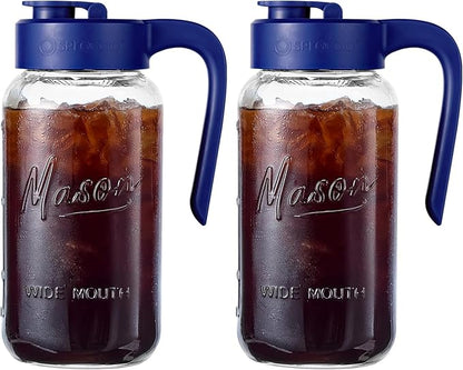 Mason Jar Pitcher - Airtight & Leakproof Glass Pitcher with Lid[set of 2], Perfect for Breastmilk, Cold Brew, and Sun Tea, 2 Quart (64 oz) Mason Jar with Pour Spout Lid