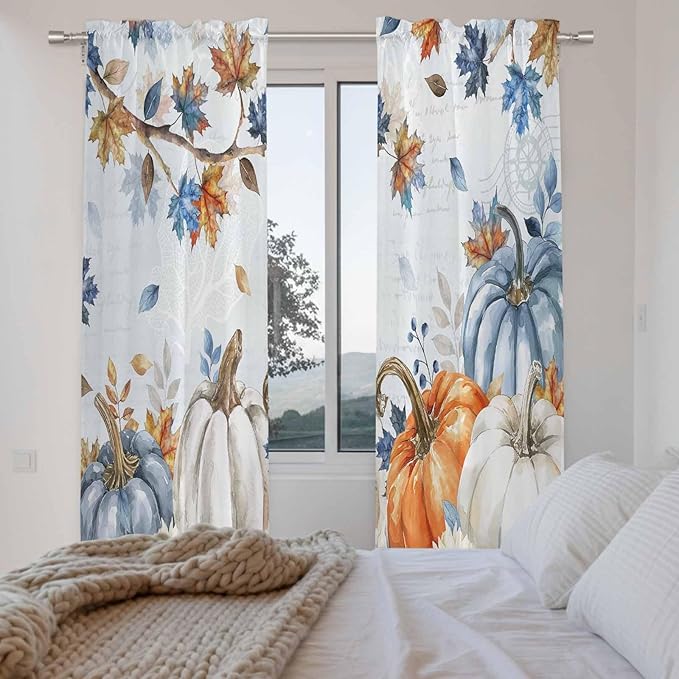 Fall Blue Maple Window Curtains 72 Inch Long 2 Panel Set,Rod Pocket Long Curtains & Drapes,Thanksgiving Pumpkins Daisy Country Leaves Window Treatment for Bedroom Living Room 52"W x 72"L
