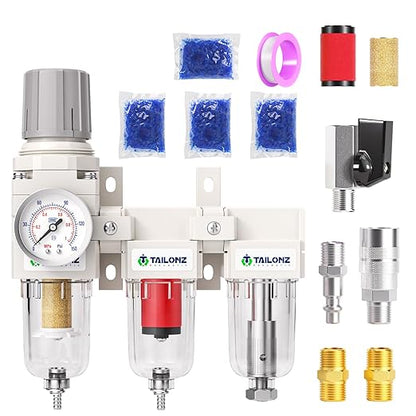 TAILONZ PNEUMATIC 0-150PSI 1/4 Inch NPT Grade 3 Stage Air Drying System, Particulate Filter, 5/0.01 Micron Filter Air Filter Pressure Regulator (Manual Drainage）