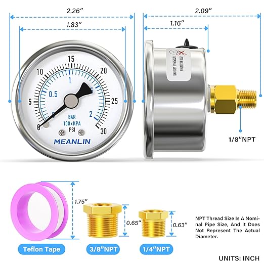 MEANLIN MEASURE 0~30Psi Dry Low Pressure Gauge Stainless Steel 1/8" NPT 2" FACE DIAL Waterproof for Pool Sand Filter Water Oil Air Pressure Test Back Mount, with 1/4" NPT and 3/8" NPT Hex Bushing