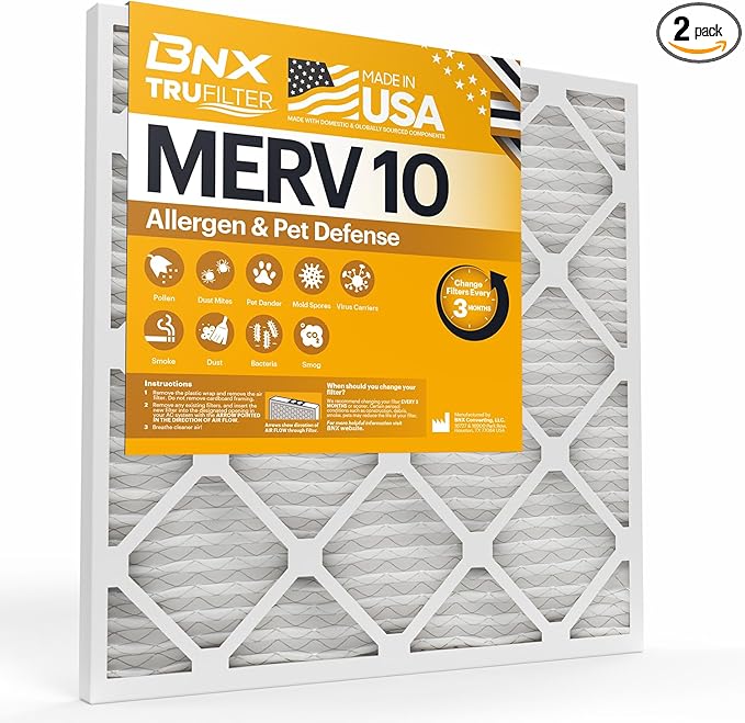 BNX TruFilter 12x12x1 MERV 10 (2-Pack) AC Furnace Air Filter - MADE IN USA - Pleated Air Conditioner HVAC AC Furnace Filters - Removes Odor, Mold, Bacteria, Smoke