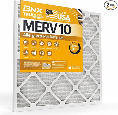 BNX TruFilter 12x12x1 MERV 10 (2-Pack) AC Furnace Air Filter - MADE IN USA - Pleated Air Conditioner HVAC AC Furnace Filters - Removes Odor, Mold, Bacteria, Smoke