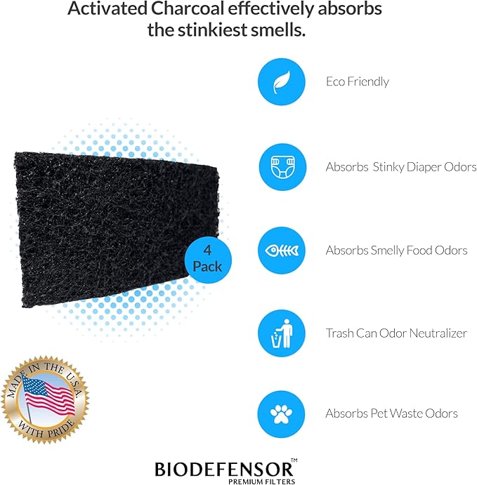 Biodefensor Carbon Odor Filter Compatible with Itouchless Trash Cans - Made in USA - Absorbs Odors, Stink, Diaper Smells & Garbage Deodorizer Eliminator, 4-Pack