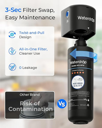 Waterdrop 10UA Under Sink Water Filter System, Reduces PFAS, PFOA/PFOS, Lead, Chlorine, Bad Taste & Odor, Under Counter Water Filter Direct Connect to Kitchen Faucet, NSF/ANSI 42 Certified, 1 Year