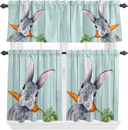 Easter Kitchen Curtain Set, Spring Rabbit Botanical Carrots Green Wooden Grain Window Valance and Tiers 36" Length, Light Filtering Short Curtains Valance for Cafe Bathroom Bedroom 54"x18"