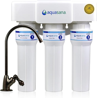 Aquasana Under Sink Water Filter | 3-Stage Max Flow Filtration | Reduces up to 99.99% of PFAS, Lead, Chlorine, & More | Under Counter Drinking Water Filter | Oil-Rubbed Bronze Faucet | AQ-6300M-ORB