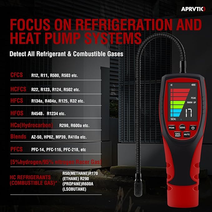 HVAC Refrigerant Leak Detector, Aprvtio ALD-200 PRO Rechargeable Freon Leak Detector Combustible Gas Leak Detector 2.6' Large Screen, Freon Sniffer Visual and Audible Alarm for R134a A2L R454B