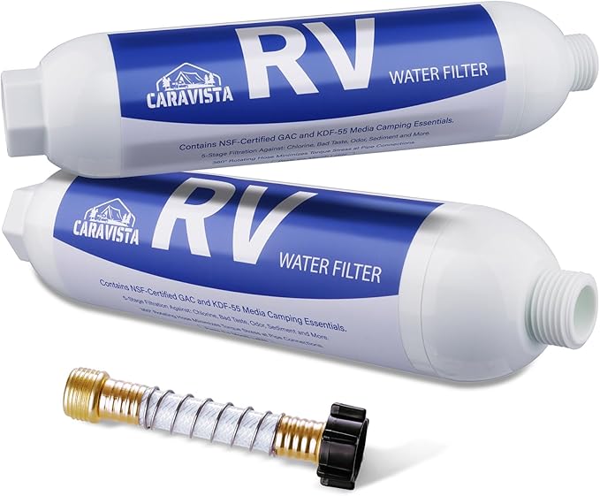 RV Water Filter - Inline Water Filter with Flexible Hose Protector - NSF & ANSI 42 Certified - Camping Essentials for Reducing Odors, Bad Taste, Chlorine and Rust（2 Pack）
