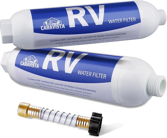 RV Water Filter - Inline Water Filter with Flexible Hose Protector - NSF & ANSI 42 Certified - Camping Essentials for Reducing Odors, Bad Taste, Chlorine and Rust（2 Pack）