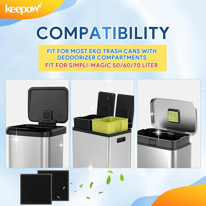 KEEPOW 12 Pack Trash Can Deodorizer Compatible with SIMPLI-Magic Garbage Bins with Built in Odor Filter Compartment, Charcoal Odor Absorber for EKO Trash Can and Compost Bin (Square)