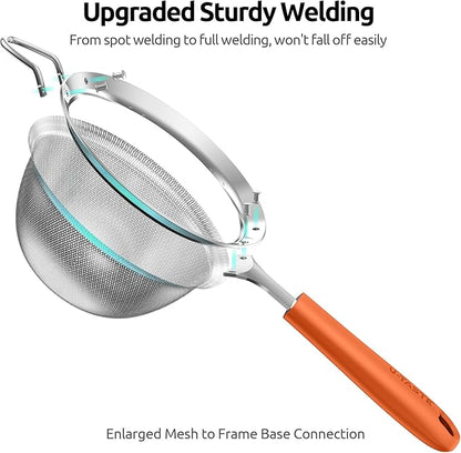 U-Taste Medium Fine Mesh Strainer: 18/8 Stainless Steel 4.73in 30 Mesh Kitchen Food Sieve with Sturdy Riveted Silicone Handle, Heavy Duty Deep Handheld Metal Colander for Rice, Quinoa, Flour (Orange)