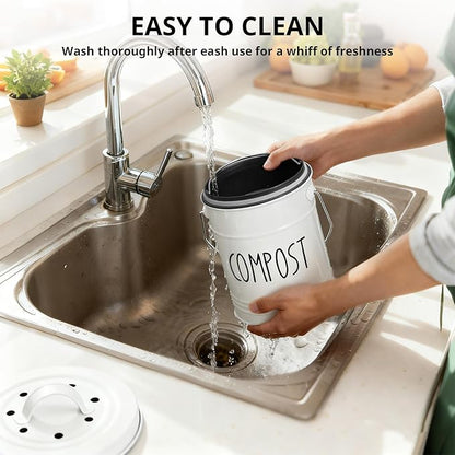 Kitchen Compost Bin, 1 Gallon Countertop Compost Bin with Lid, Indoor Compost Bucket, Includes Inner Bucket Liner and Carbon Filters, White
