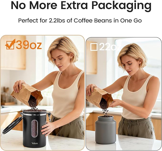 Veken Large Coffee Canister with Window, Kitchen Food Storage Airtight Stainless Steel Container for 2.2lbs Coffee Beans, Grounds, Rice,Tea, Flour, Cereal, Sugar Jars,Date Tracker and Scoop 39oz,Black
