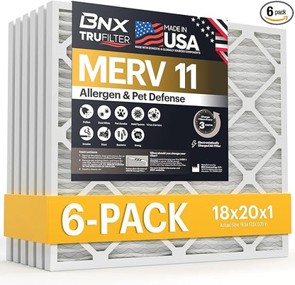 BNX TruFilter 18x20x1 Air Filter MERV 11 (6-Pack) - MADE IN USA - Allergen Defense Electrostatic Pleated Air Conditioner HVAC AC Furnace Filters for Allergies, Dust, Pet, Smoke, Allergy MPR 1200 FPR 7