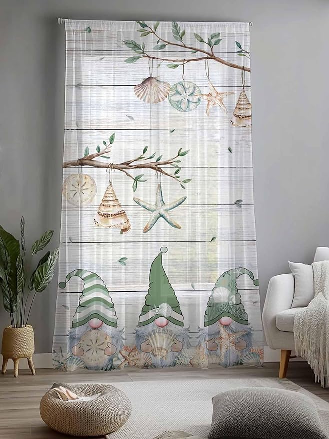 Sheer Curtains 108 Inches Long, Sage Green Gnomes Semi Sheer Curtains Light Filtering Window Treatment, Eucalypus Coastal Anchor Retro Wood Privacy Voile Drapes for Living Room Bedroom 52x108 Inch