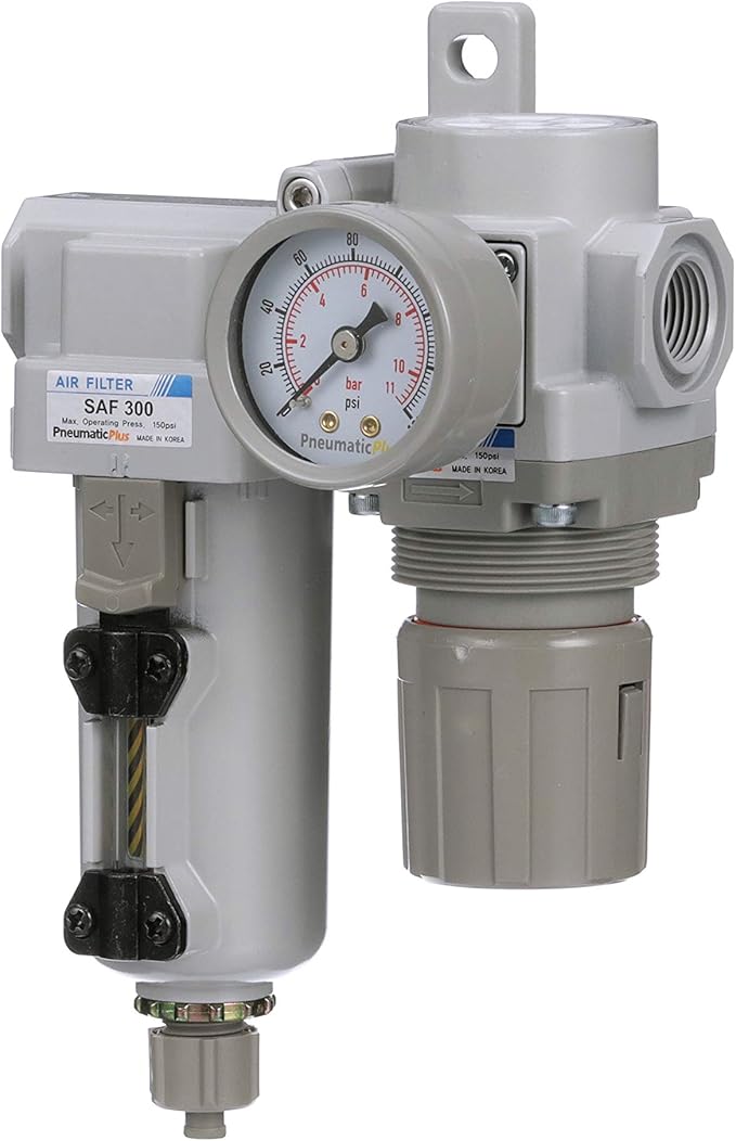 PneumaticPlus SAU320-N03G-MEP Compressed Air Filter Regulator Combo 3/8" NPT - Metal Bowl, Manual Drain, Bracket, Gauge