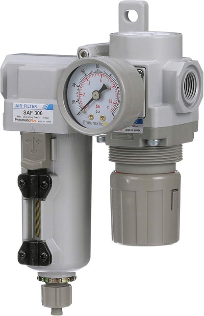 PneumaticPlus SAU320-N03G-MEP Compressed Air Filter Regulator Combo 3/8" NPT - Metal Bowl, Manual Drain, Bracket, Gauge