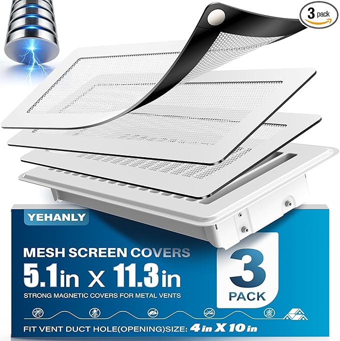 Magnetic Vent Covers with Vent Screen 5.1x11.3 Inch, White Mesh Vent Covers for Floor, Wall, Ceiling Air Vents to Block Dust, Pet Hair, Fits Standard HVAC Floor Registers in Home, RV, 3 Pack