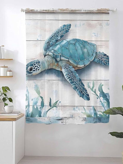 Sheer Curtains 63 Inch Length, Teal Green Sea Turtle Semi Sheer Curtains Light Filtering Window Treatment, Summer Ocean Seaweed Wood Grain Privacy Voile Drapes for Living Room Bedroom 52x63 Inch