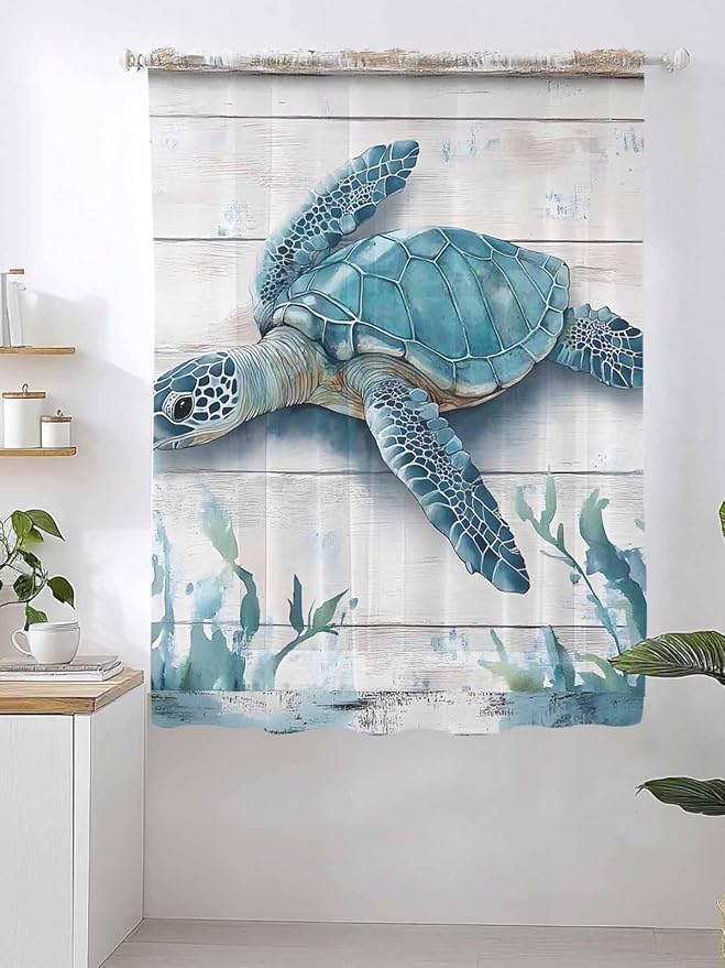 Sheer Curtains 72 Inches Long, Teal Green Sea Turtle Semi Sheer Curtains Light Filtering Window Treatment, Summer Ocean Seaweed Wood Grain Privacy Voile Drapes for Living Room Bedroom 52x72 Inch