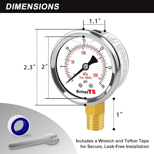 0-30 PSI Pressure Gauge, Glycerin-Filled, 2-Inch Stainless Steel Gauge, 1/4" NPT Lower Mount, Waterproof for Air Compressor, Water Pump, Hydraulic and Pneumatic Systems