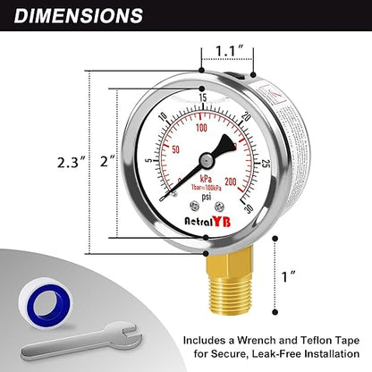 0-30 PSI Pressure Gauge, Glycerin-Filled, 2-Inch Stainless Steel Gauge, 1/4" NPT Lower Mount, Waterproof for Air Compressor, Water Pump, Hydraulic and Pneumatic Systems
