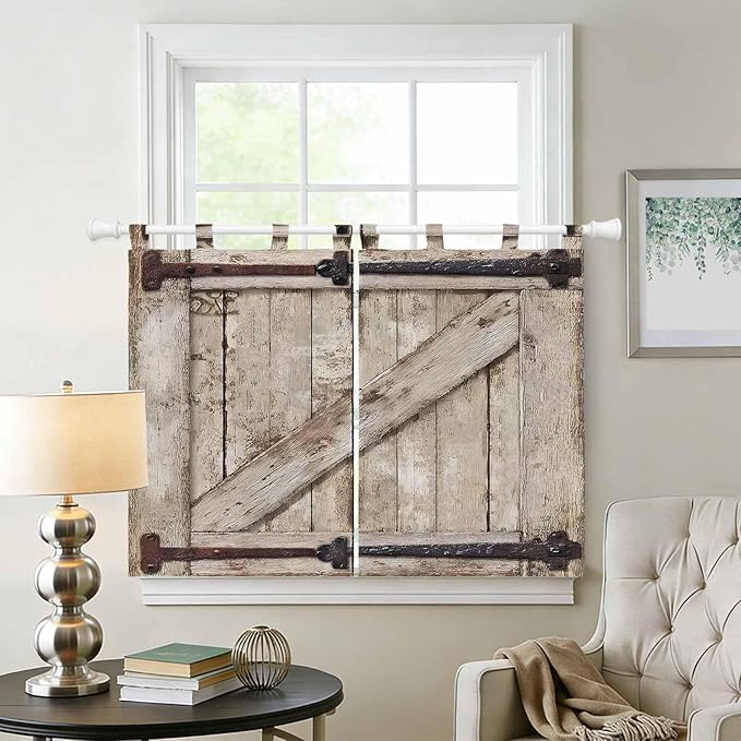 Farmhouse Wood Grain Kitchen Curtains 45 Inch Length, Short Cafe Window Curtains Tab Top, Vintage Country Barn Gate Brown Light Filtering Window Treatments Tier Drapes 27.5"x45" 2 Panel