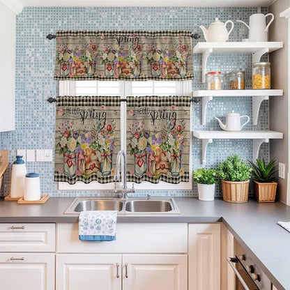 Spring Flowers Kitchen Curtain Set, Farmhouse Vintage Black Plaid Wood Grain Window Valance and Tiers 24" Length, Light Filtering Short Curtains Valance for Cafe Bathroom Bedroom 54"x18"