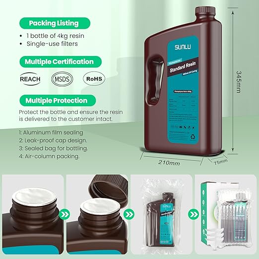 SUNLU 3D Printer Resin 4kg, Fast Curing Standard 3D Resin for Most Resin 3D Printers, 395 to 405nm UV Curing 3D Printing Liquid Photopolymer Resin, Low Shrinkage and High Precision, 4000g, Dark Grey