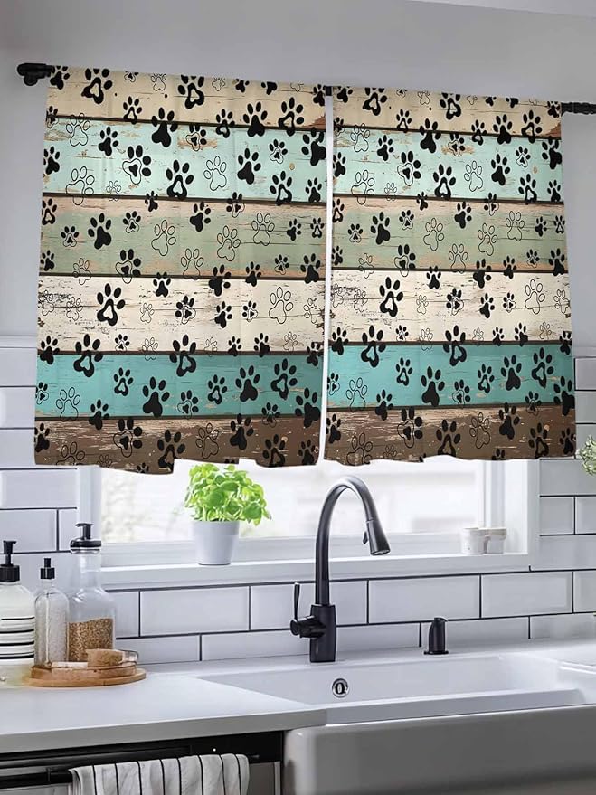Sheer Curtains 45 Inch Length, Sage Green Brown Paw Prints Semi Sheer Curtains Light Filtering Window Treatment, Vintage Farmhouse Wooden Grain Privacy Voile Drapes for Living Room Bedroom 52x45 Inch