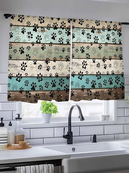 Sheer Curtains 45 Inch Length, Sage Green Brown Paw Prints Semi Sheer Curtains Light Filtering Window Treatment, Vintage Farmhouse Wooden Grain Privacy Voile Drapes for Living Room Bedroom 52x45 Inch