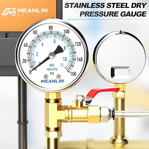 MEANLIN MEASURE 0~160Psi Dry Pressure Gauge Stainless Steel 1/4" NPT 2" FACE DIAL Waterproof for Air Compressor RV Regulator Water Pressure Tester Lower Mount, with 1/2" NPT and 3/8" NPT Hex Bushing