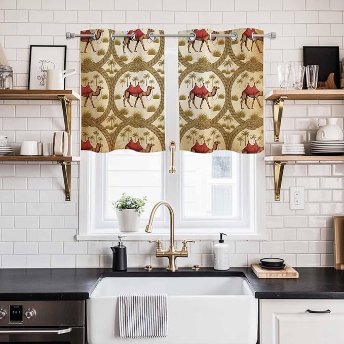 2 Panel Kitchen Cafe Curtains, Brown Desert Camels Sunlight Filtering Nature Air Through, Window Decor Tier Curtains for Living Room 55W x 39L inch Tropical Date Coconut Trees Cords Leaves