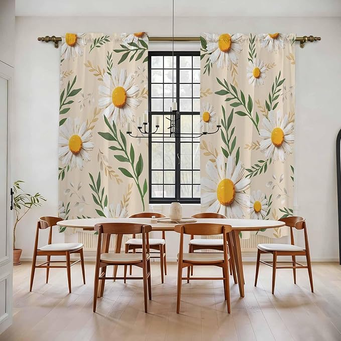 Spring Daisy Kitchen Curtains, Country Watercolor Flower Leaf Plant Light Filtering Window Curtain Panels, 2Pcs Rod Pocket Window Treatments Set for Living Room Bathroom Bedroom 52x72 Inches