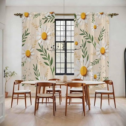 Spring Daisy Kitchen Curtains, Country Watercolor Flower Leaf Plant Light Filtering Window Curtain Panels, 2Pcs Rod Pocket Window Treatments Set for Living Room Bathroom Bedroom 52x72 Inches