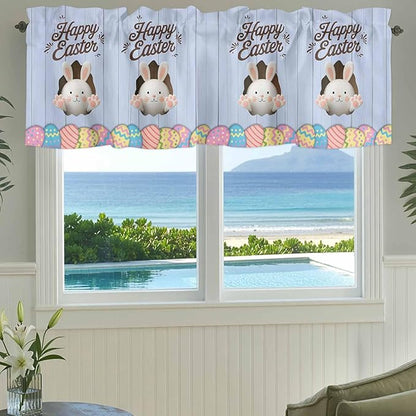 Blue Easter Curtain Valances for Windows, Kitchen Valance Window Treatment, Spring Cartoon Bunny Colorful Eggs Wood Grain Light Filtering Block Curtains for Bathroom/Bedroom/Living Room 60'' x 18''