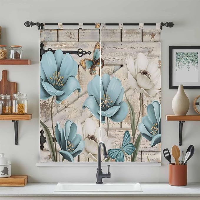 Teal Blue Tulips Bedroom Curtains 72 Inch Length, Window Curtains Tab Top, Spring Floral Barn Doors Vintage Wood Beige Light Filtering Window Treatments Drapes 52"x72" 2 Panel
