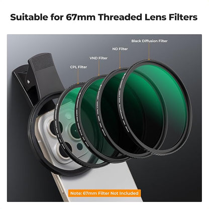 K&F Concept 67mm Thread Clip for Smart Phone, Large Caliber Phone Filter Adapter, Compatible for iPhone 16 15 Pro Max 14 13 12 11 Samsung Galaxy S22 S23 Ultra Galaxy S22 S24 Ultra(Filter Not Included)