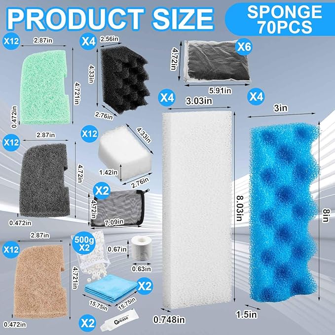 74 Pcs Filter Media Compatible with Fluval 306/307, Aquarium Replacement Media Kit, Foam, Activated Carbon, Nitrite/Phosphate/Ammonia Remover, Towel, Grease, Mesh Bags