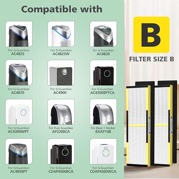 4 Pack HEPA only, FLT4825 True HEPA Filter B Replacement, Compatible with Guardian Air Purifier AC4825 AC4300 AC4800 AC4900 AC4850