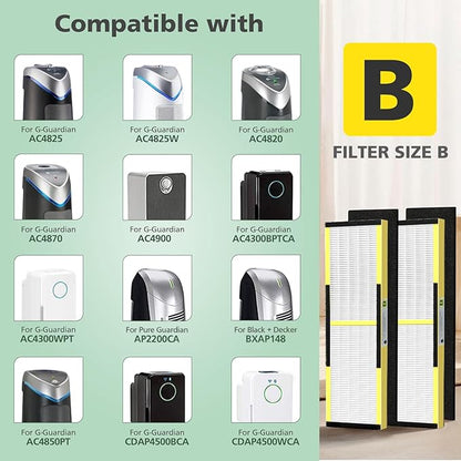 FLT4825 HEPA Filter B Replacement - Compatible with Guardian Air Purifier AC4825 AC4300 AC4800 AC4900 AC4850, 4 Pack Pet-Friendly HEPA with 6 Pre-Filters for Homes, Offices, and Pet Owners
